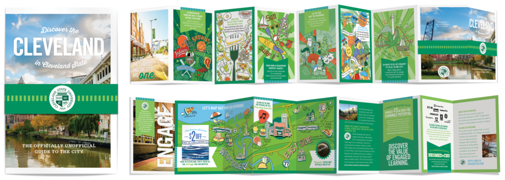 Accordion fold direct mail piece encourages prospective students and their parents to explore Cleveland