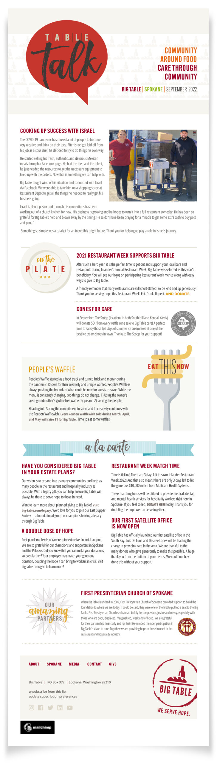 An email that updates donors on what Big Table is up to