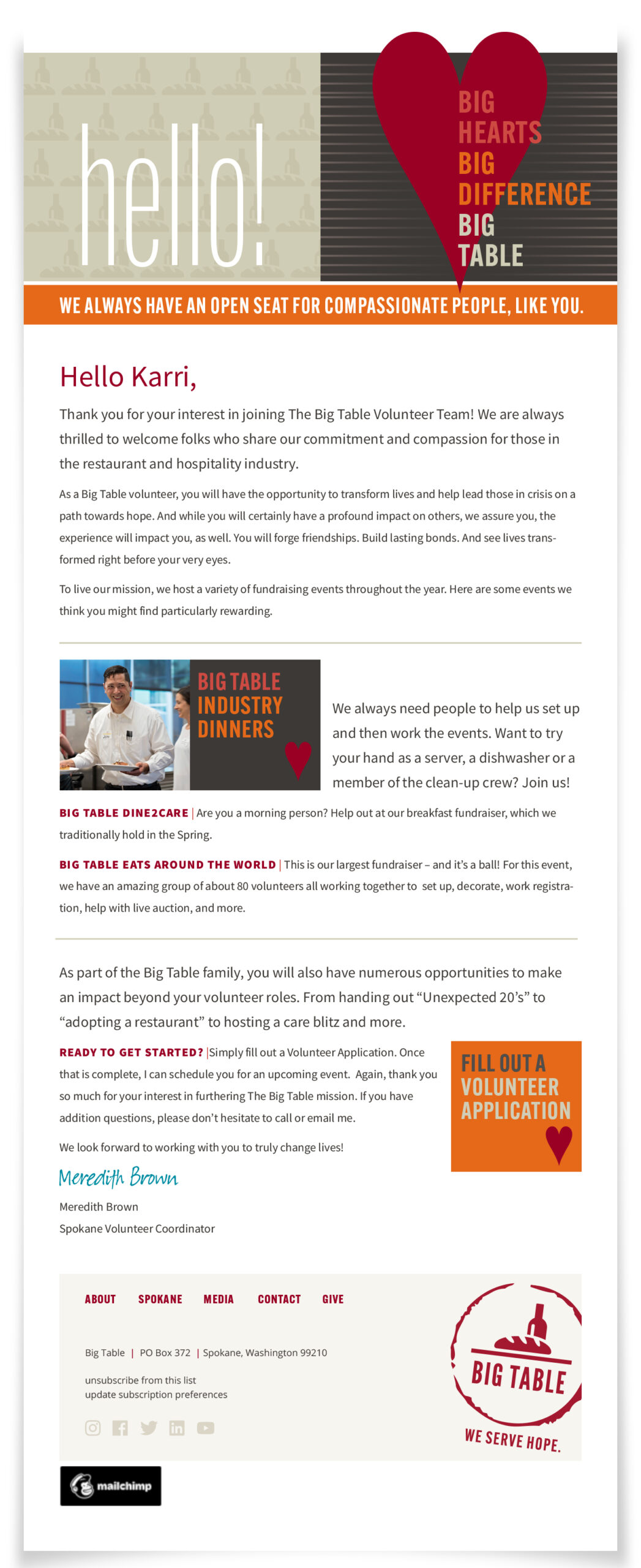 Welcome email for new volunteers