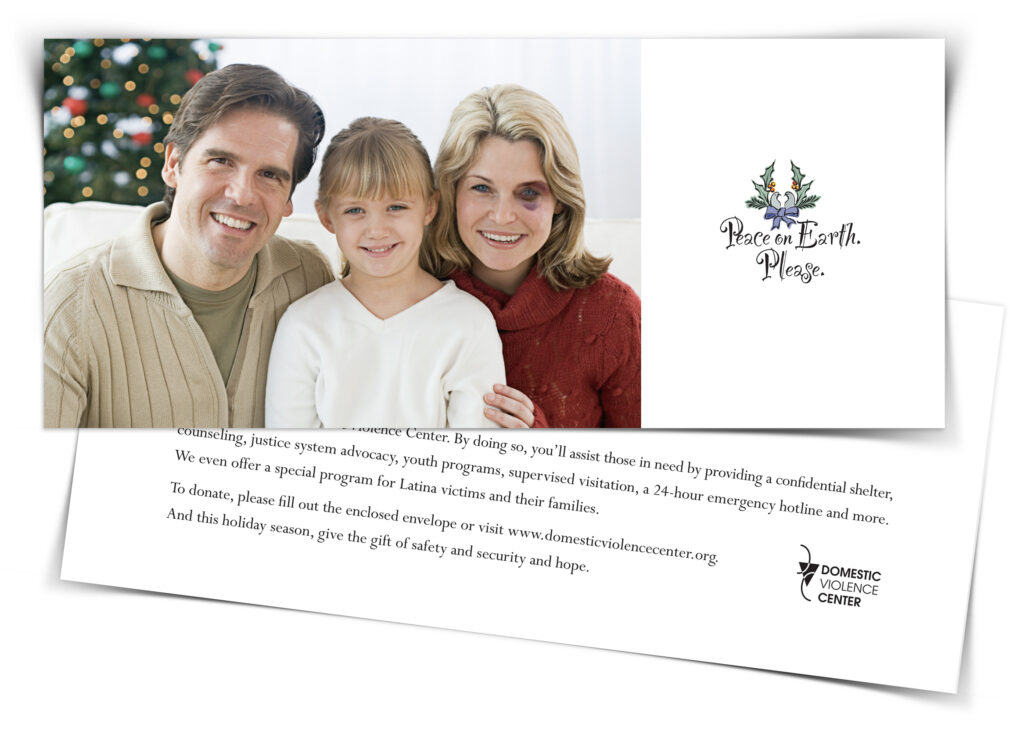 Family photo holiday card depciting wife and mother with a black eye