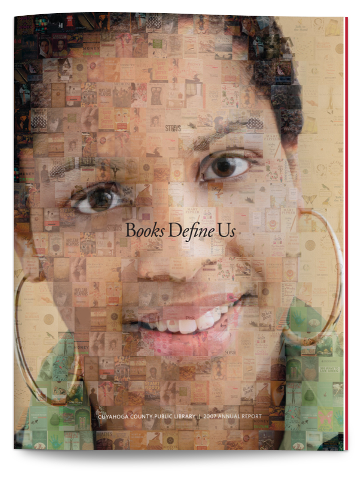 Face made up of book covers with headline: Books Define Us